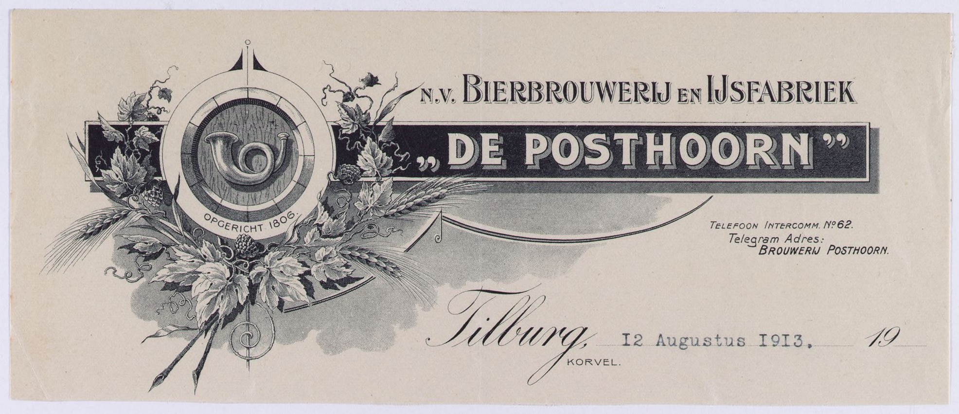 Briefhoofd van N.V. Bierbrouwerij en Ijsfabriek "De Posthoorn", Korvel | Collectie Regionaal Archief Tilburg